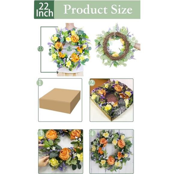 22'' Peony Floral Summer Fall Wreaths for Front Door & Lights Timer - Picture 6 of 8